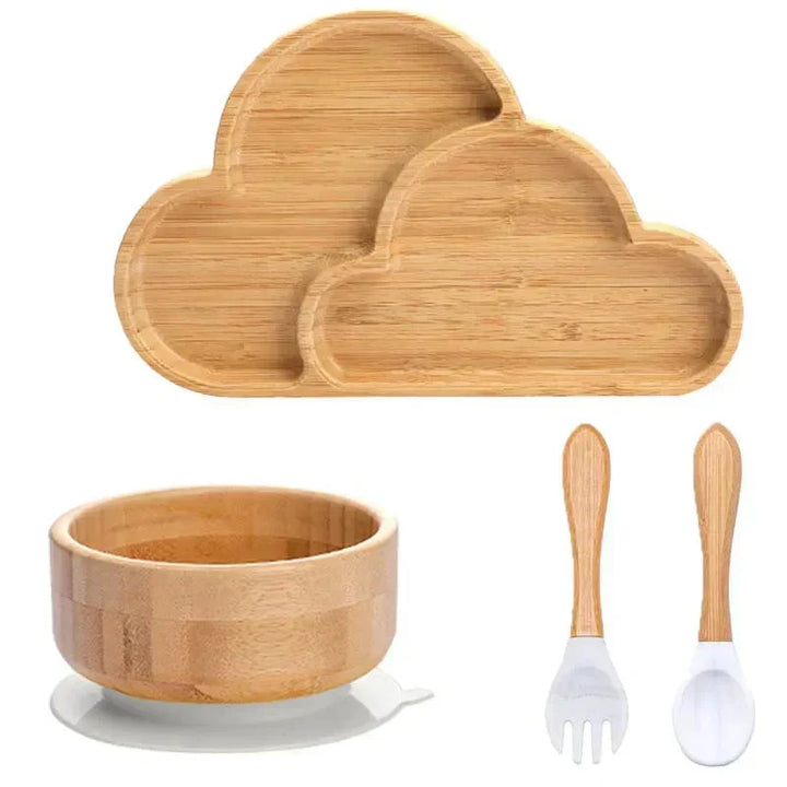 EcoFeast bamboo baby feeding set, includes plate, bowl, and silicone tip spoon, complete.