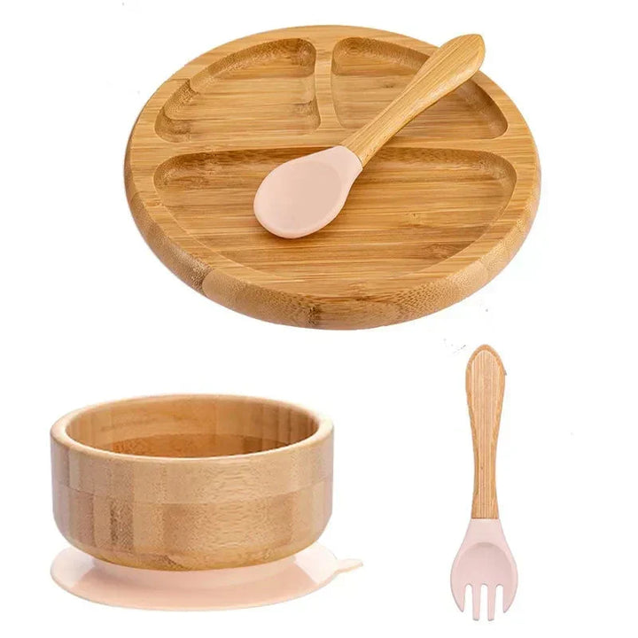 Children's eco-friendly dinnerware: natural bamboo with strong suction, safe for food.