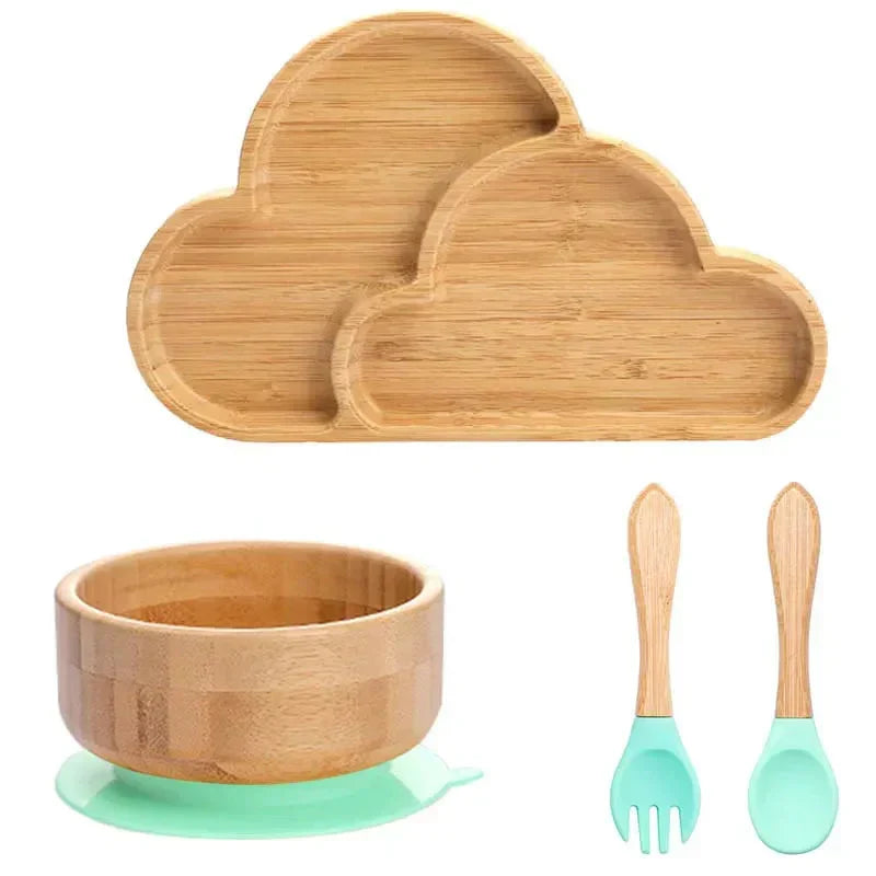 Toddler self-feeding set: bamboo suction plate, bowl, and easy-grip cutlery for independence.