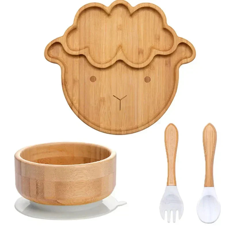 Sustainable weaning set: bamboo bowl with powerful suction cup, toddler fork & spoon.