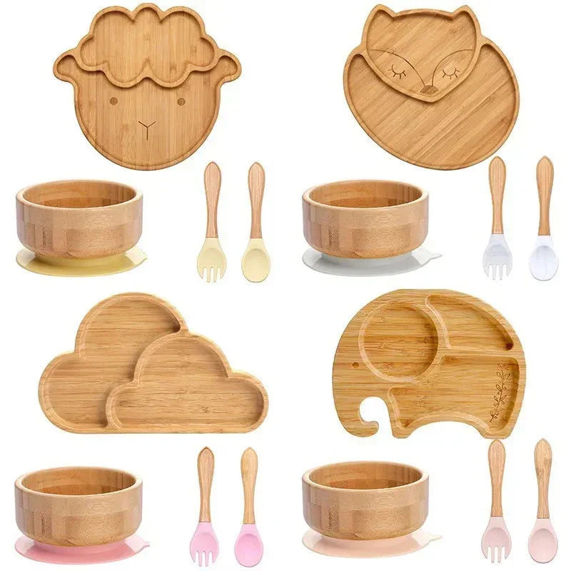Mess-free baby feeding set: bamboo plate, bowl, spoon & fork with secure suction.