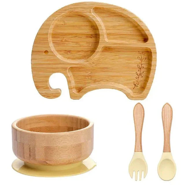 Complete children's dinnerware set with suction, made from natural bamboo, non-toxic.
