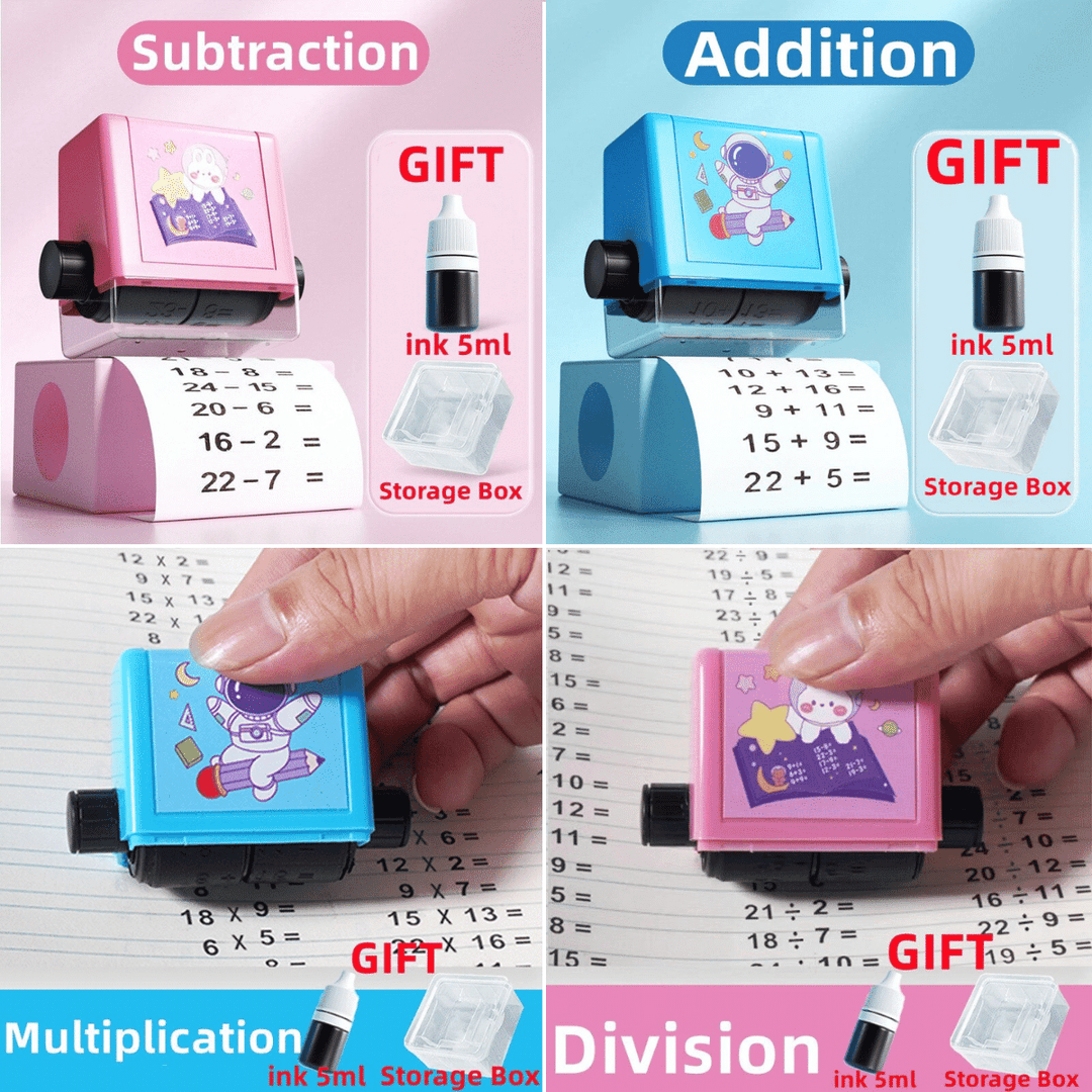 Hands-on learning with SumStamp children's educational math stamp set for basic arithmetic.