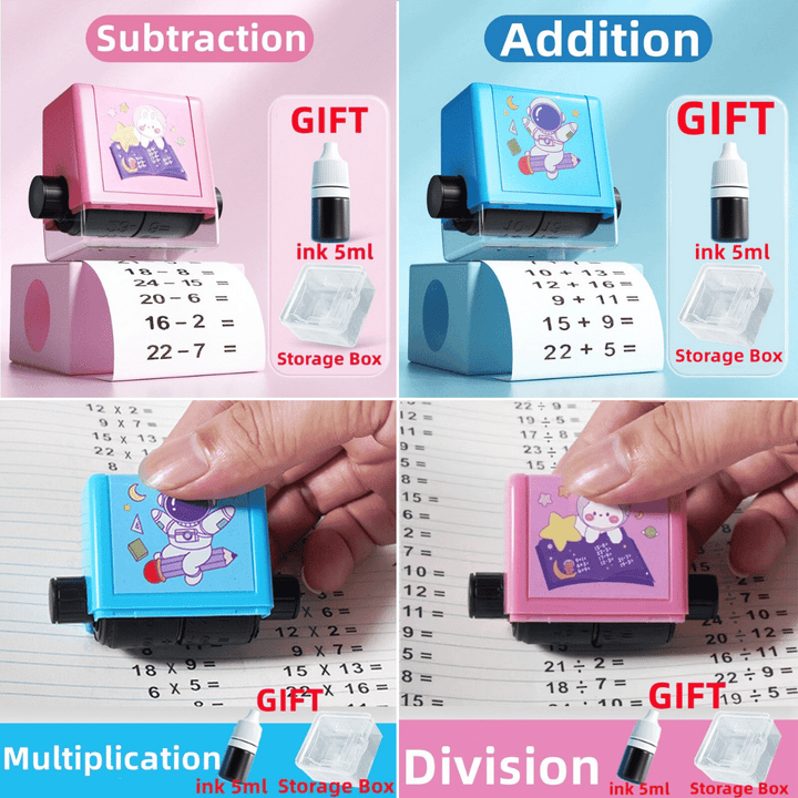 Hands-on learning with SumStamp children's educational math stamp set for basic arithmetic.