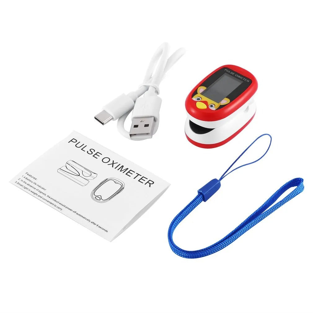 Kid-friendly finger pulse oximeter, cute design, monitors SpO2 & heart rate for home health.