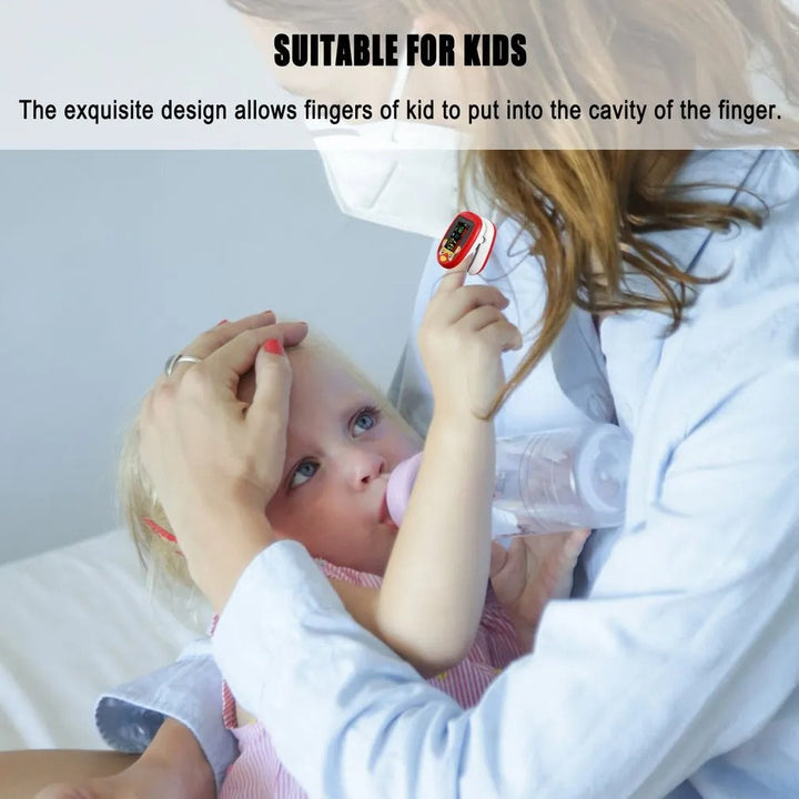 Home health monitor: children's finger pulse oximeter for SpO2, oxygen, and heart rate checks.