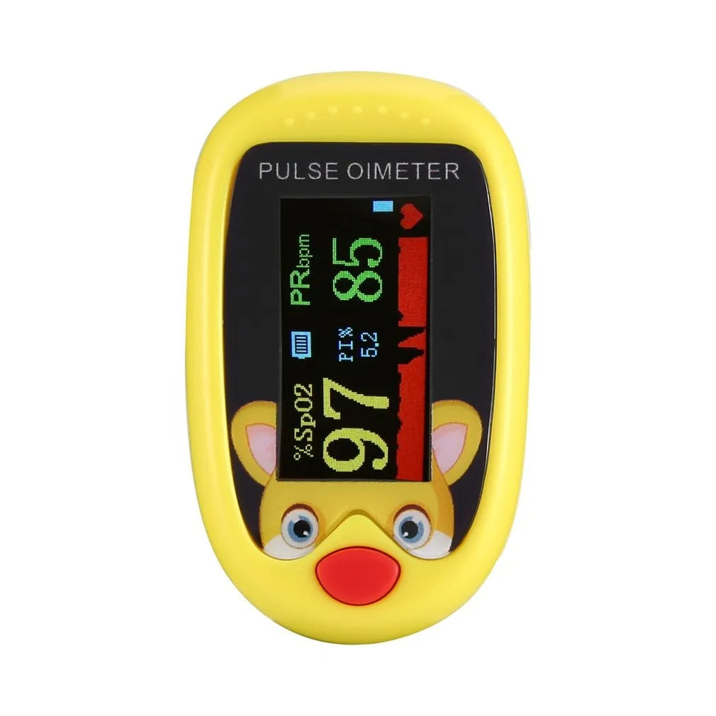 Colorful children's pulse oximeter for easy SpO2 & heart rate tracking at home.
