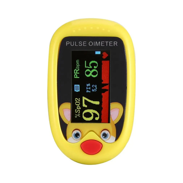 Colorful children's pulse oximeter for easy SpO2 & heart rate tracking at home.