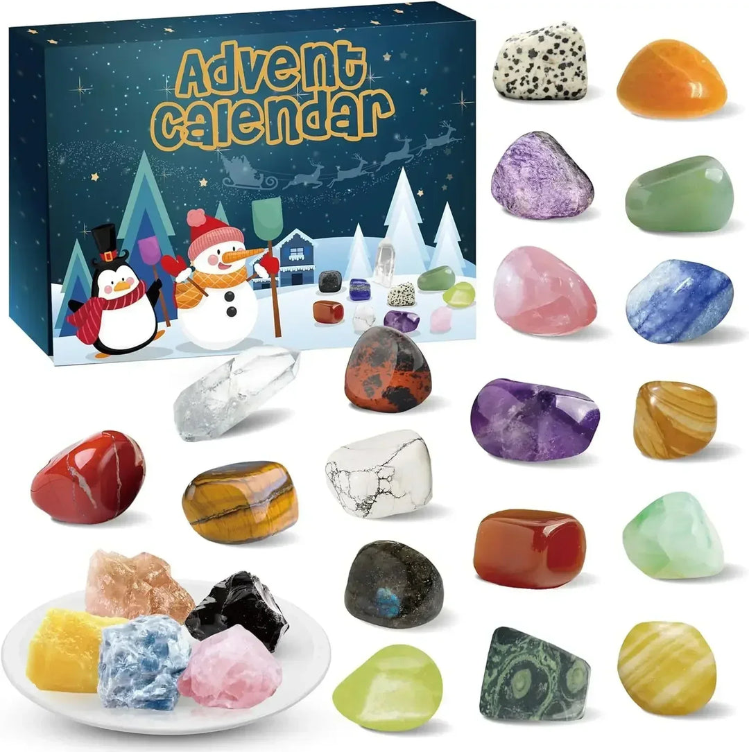 Educational gemstone advent calendar, a kids geology kit for young mineral collectors and crystal enthusiasts.