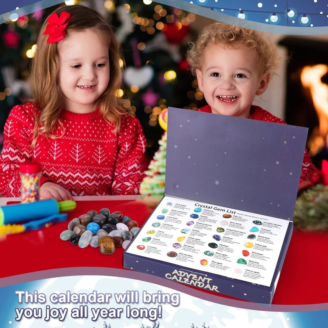 Child excavating real gemstones from their advent calendar. Fun geology science kit for kids' discovery.