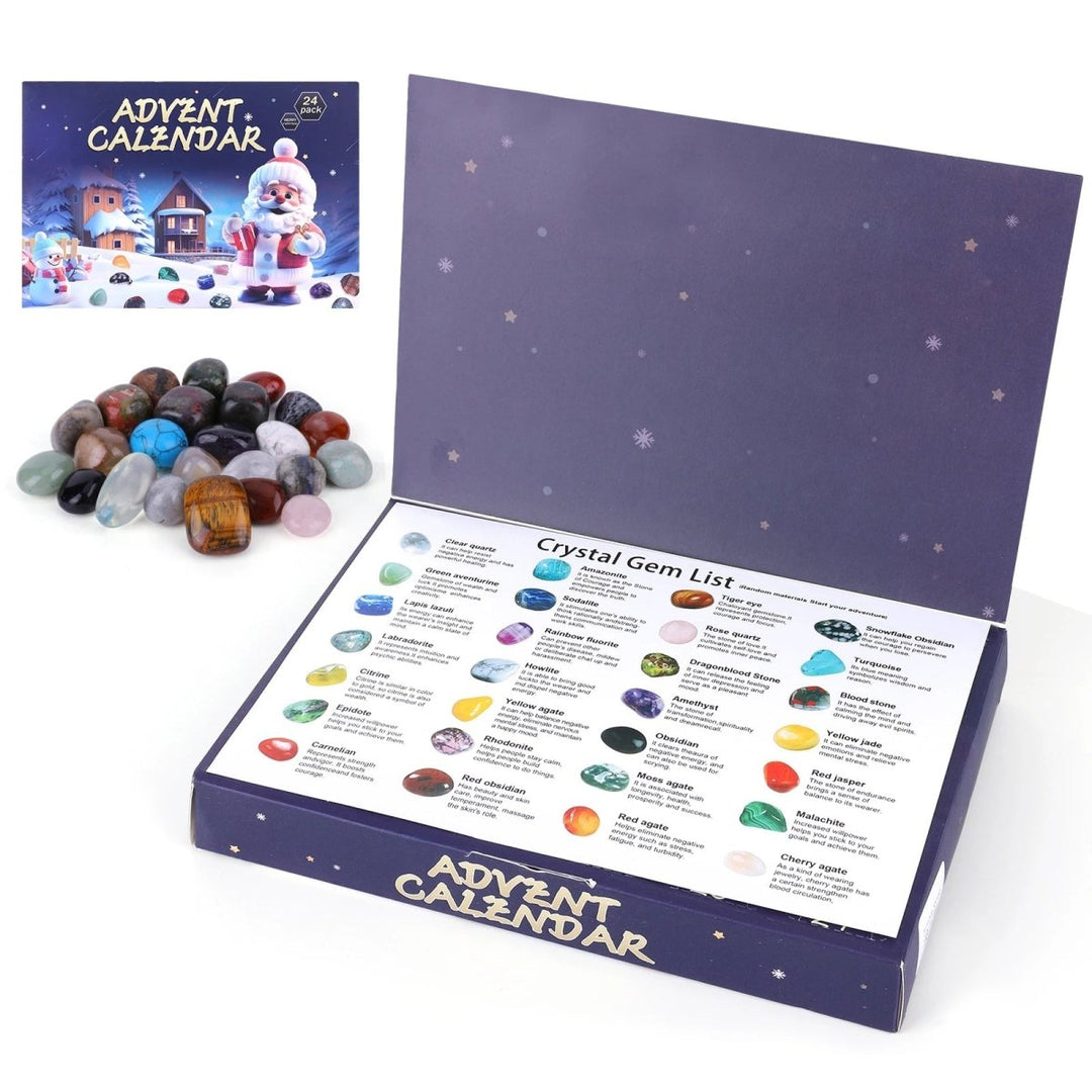 Assorted polished gemstones revealed from a kids' excavation advent calendar. Geology discovery kit.