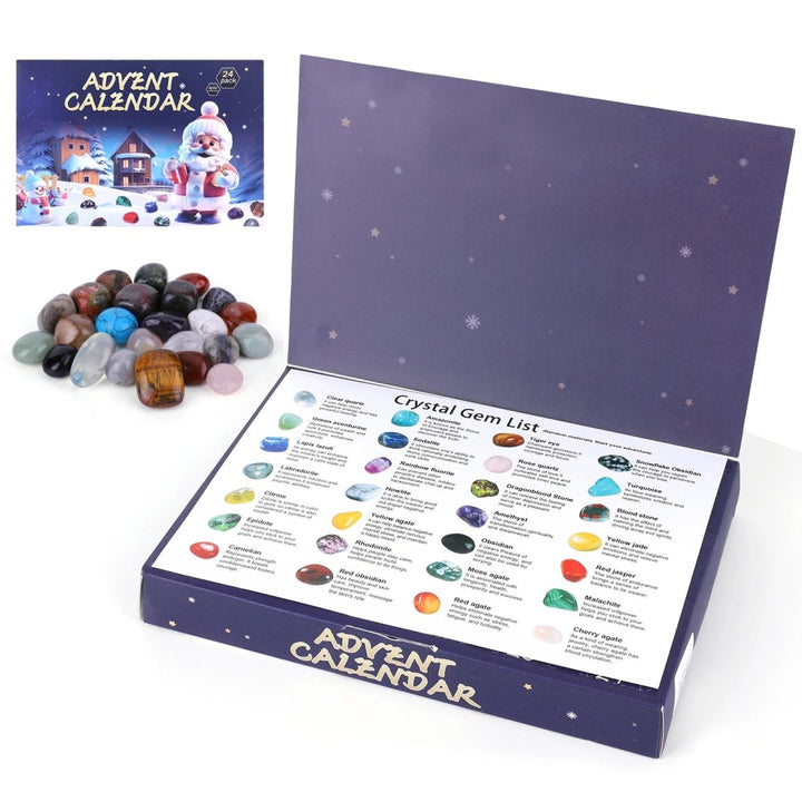 Assorted polished gemstones revealed from a kids' excavation advent calendar. Geology discovery kit.