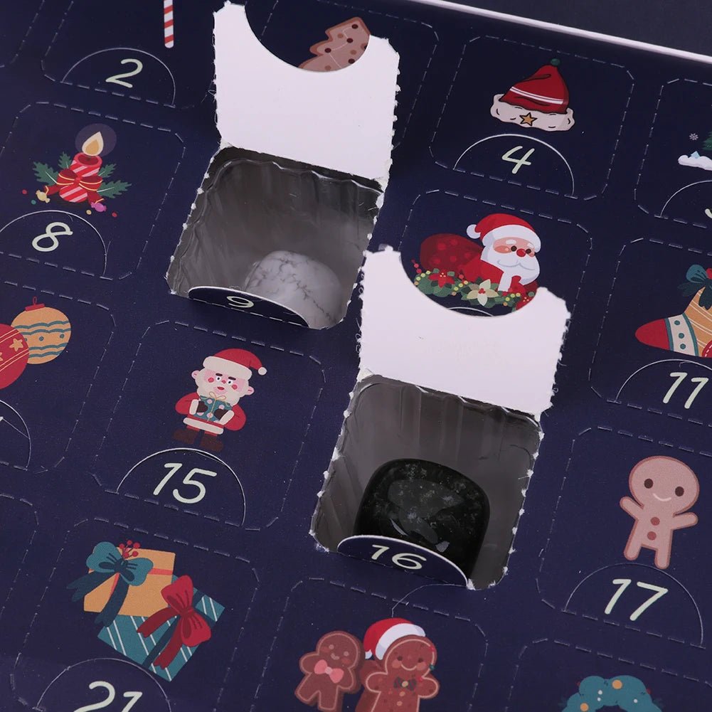 Kids opening doors on a gemstone excavation advent calendar, revealing daily geology surprises.