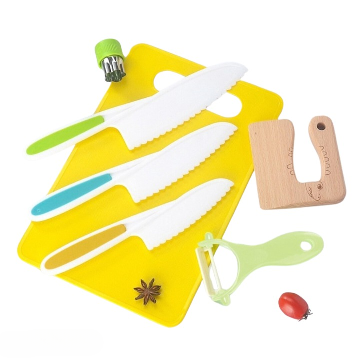 Children's interactive kitchen prep set with various cooking tools, fostering educational play & kitchen skills.