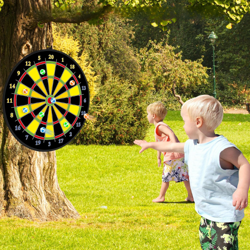 Children's large dartboard set with colorful sticky balls & darts for safe indoor & outdoor play.