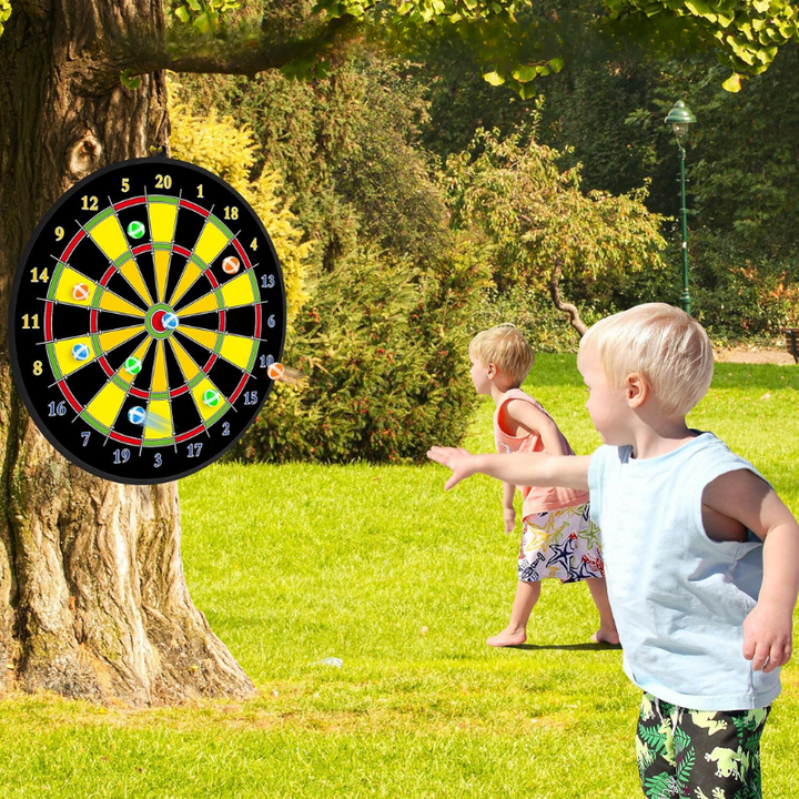 Children's large dartboard set with colorful sticky balls & darts for safe indoor & outdoor play.