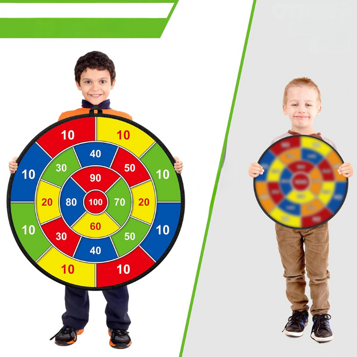Complete children's dartboard gift set with a large board, sticky balls, & safe darts for endless play.