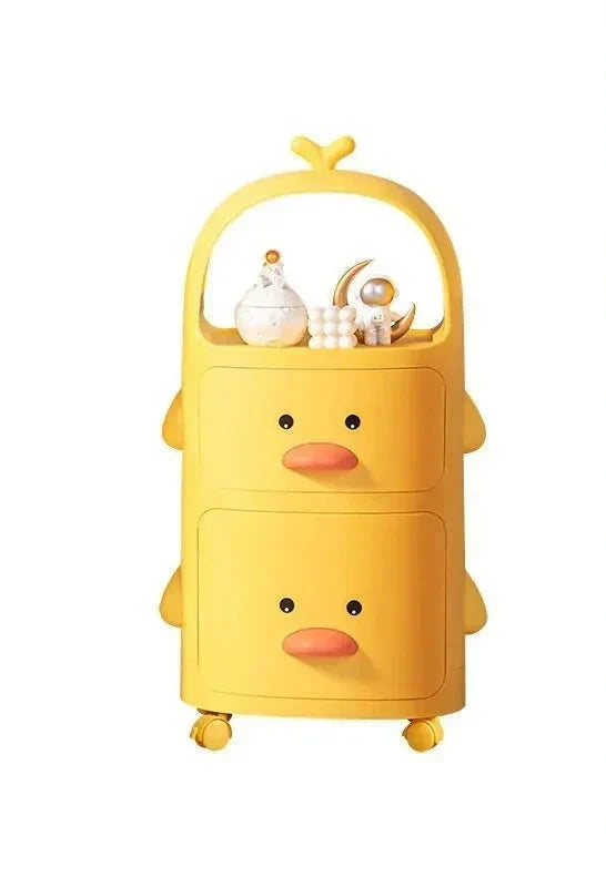 Children's toy storage unit, a Little Duck trolley rack with multiple bins for organization