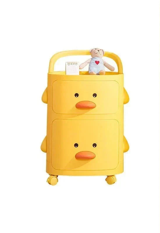 Bright yellow duck toy storage cart, designed for easy mobility and kids' toy organization