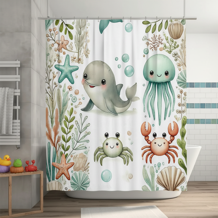 Children's Marine Animal Fabric Shower Curtain, SeaSnuggle, for kids bathroom decor