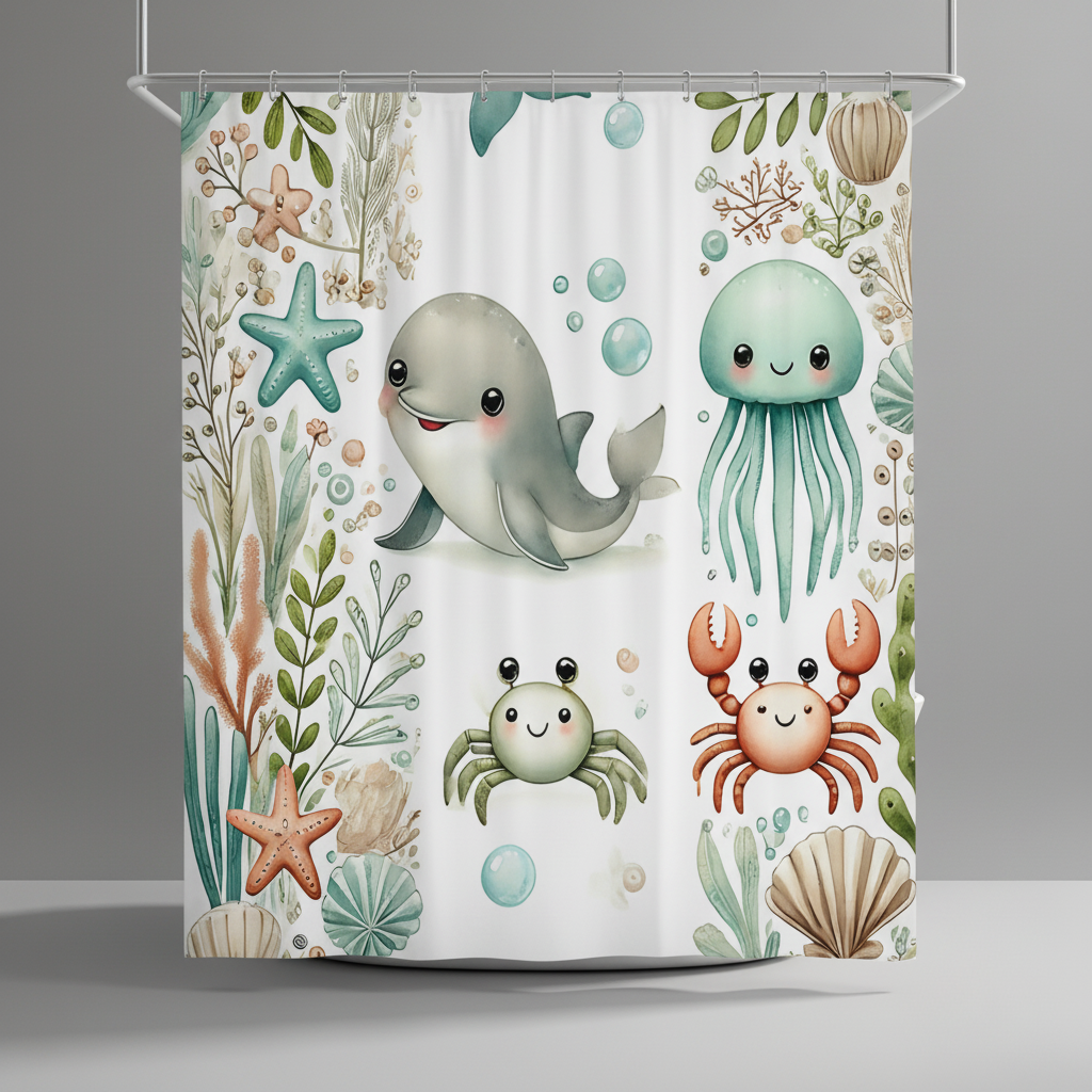 Soft fabric shower curtain with colorful marine animals, water repellent for kids' bathrooms