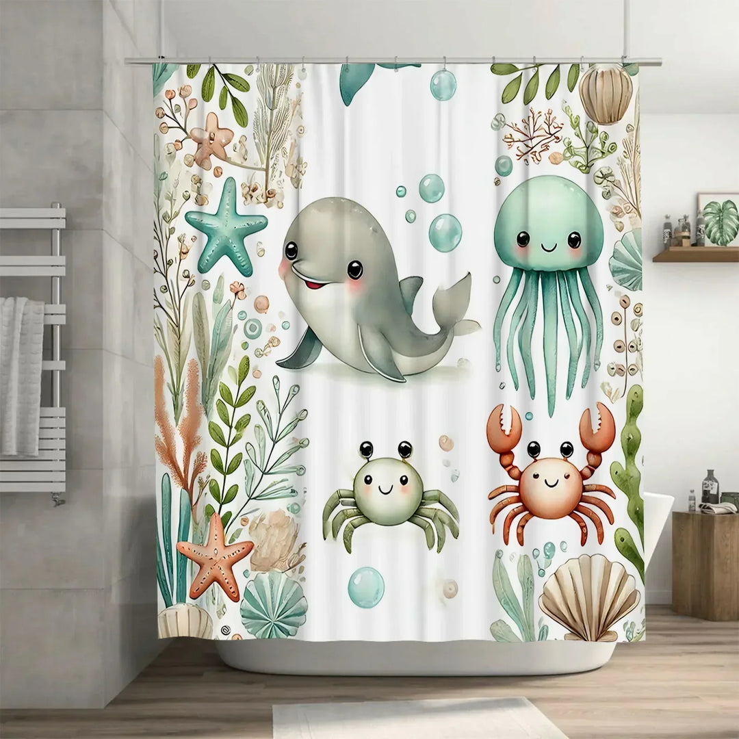 Kids bathroom decor: fabric shower curtain with playful marine animal pattern, SeaSnuggle