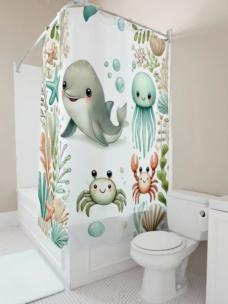 Marine animal themed shower curtain, fabric, water repellent, perfect for a child's bathroom
