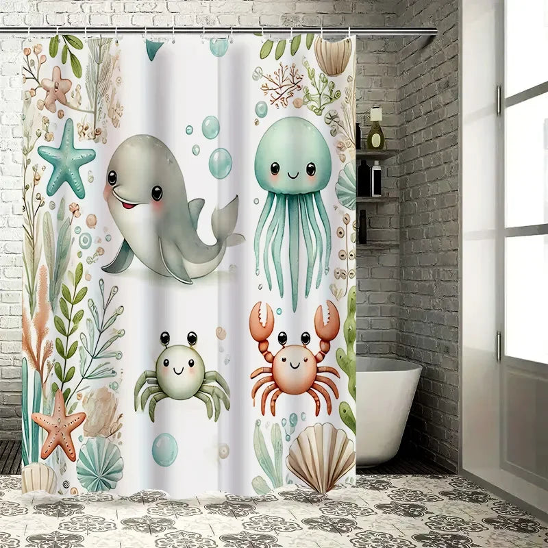 SeaSnuggle fabric shower curtain, vibrant marine animal print, durable and opaque for kids
