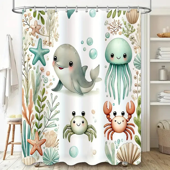 Colorful marine animal fabric shower curtain, SeaSnuggle, excellent for children's bathroom decor