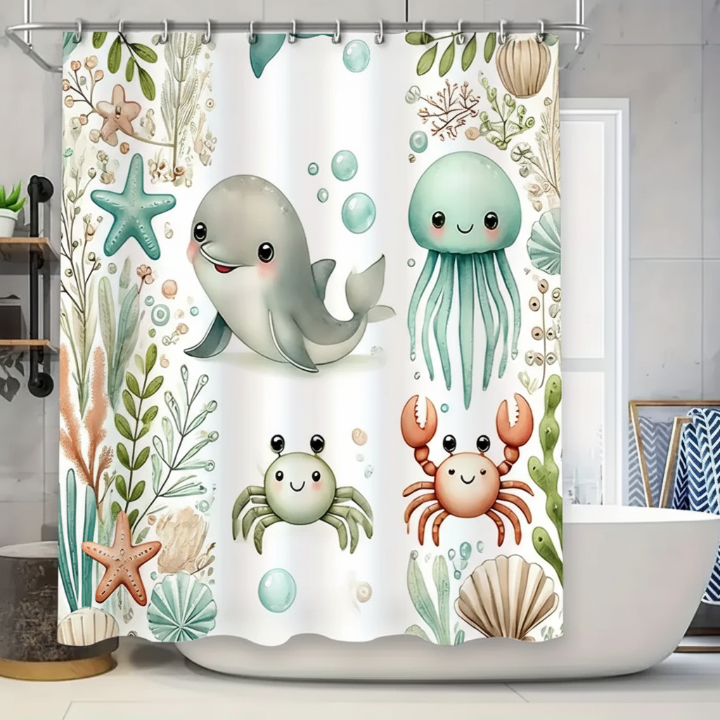 Kids' water repellent shower curtain with fun marine animal illustrations, SeaSnuggle fabric