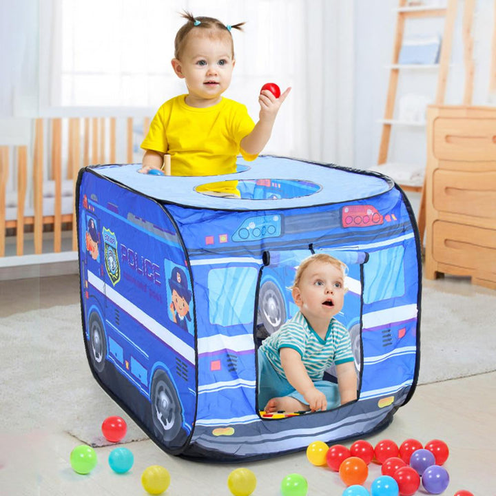 Red fire truck pop-up playhouse for kids; encourages imaginative rescue adventures. Toddler toy.