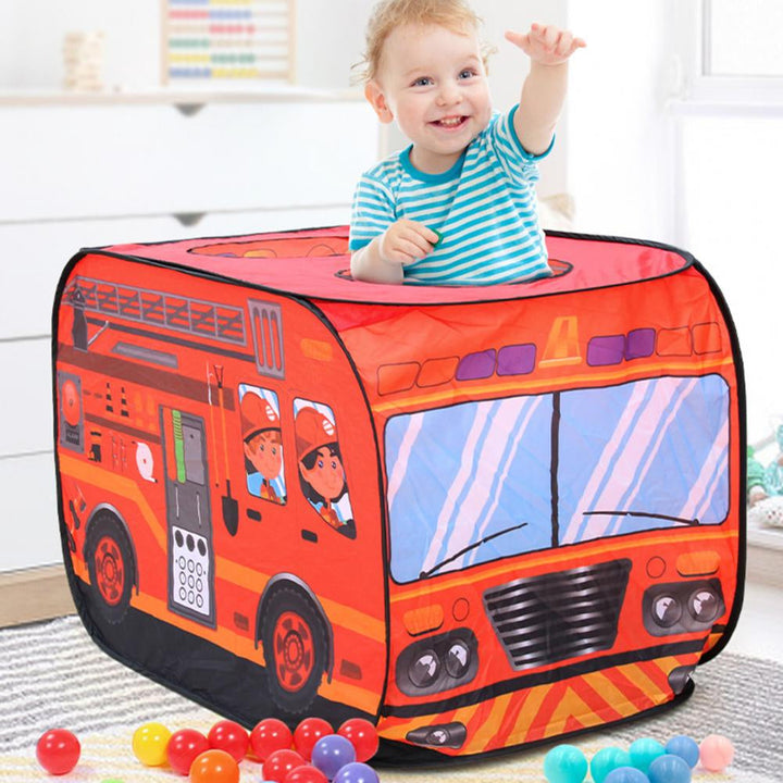 Blue police car pop-up tent, perfect for kids' imaginative play & detective games. Easy setup fort.