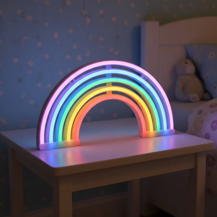 Children's Rainbow LED Table Lamp, perfect for cozy room decor & a vibrant night light in a kid's bedroom.