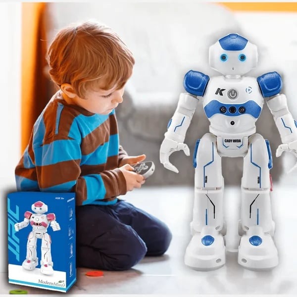Child happily interacting with a smart educational robot, using gesture commands.