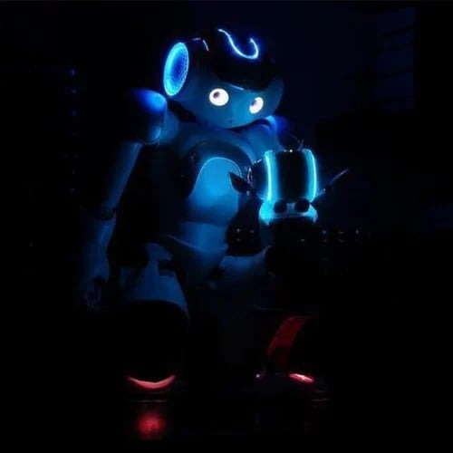 Close-up of interactive smart robot toy's display, highlighting expressive features.