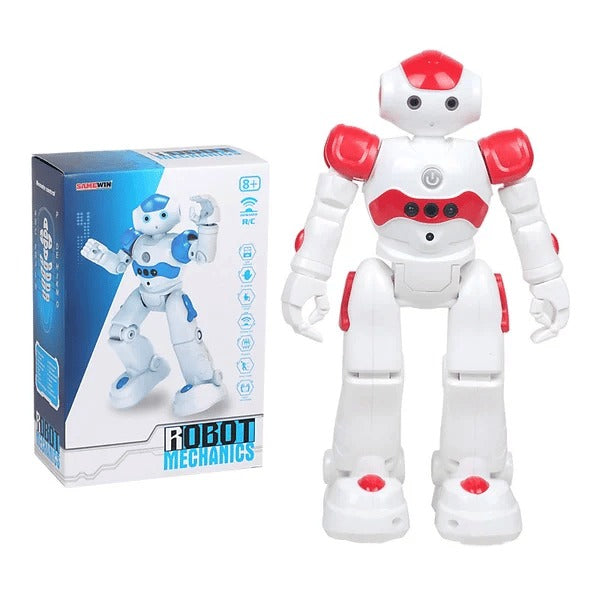 Child exploring smart robot toy's interactive functions and STEM learning.
