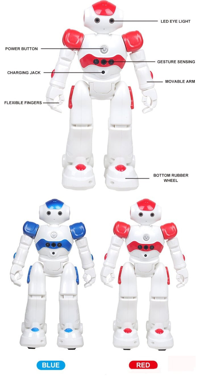 Kids' smart robot toy dancing enthusiastically, providing entertainment & interactive play.