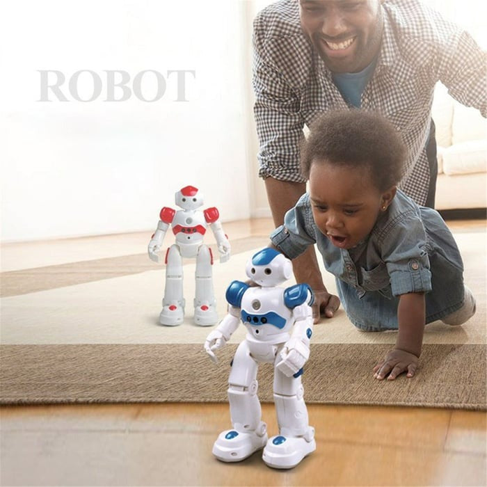 Children's smart robot toy responding to gesture control, demonstrating movement.