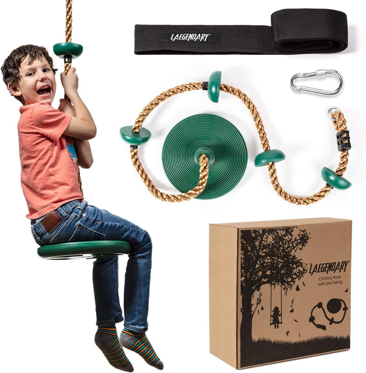 Children's tree swing set with disc swing, climbing rope, and platforms for backyard outdoor play.
