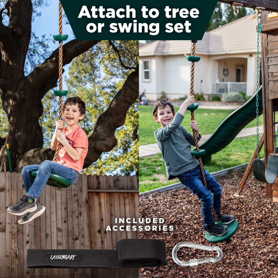 Disc swing and climbing rope set for children, perfect for backyard adventures and active outdoor play.