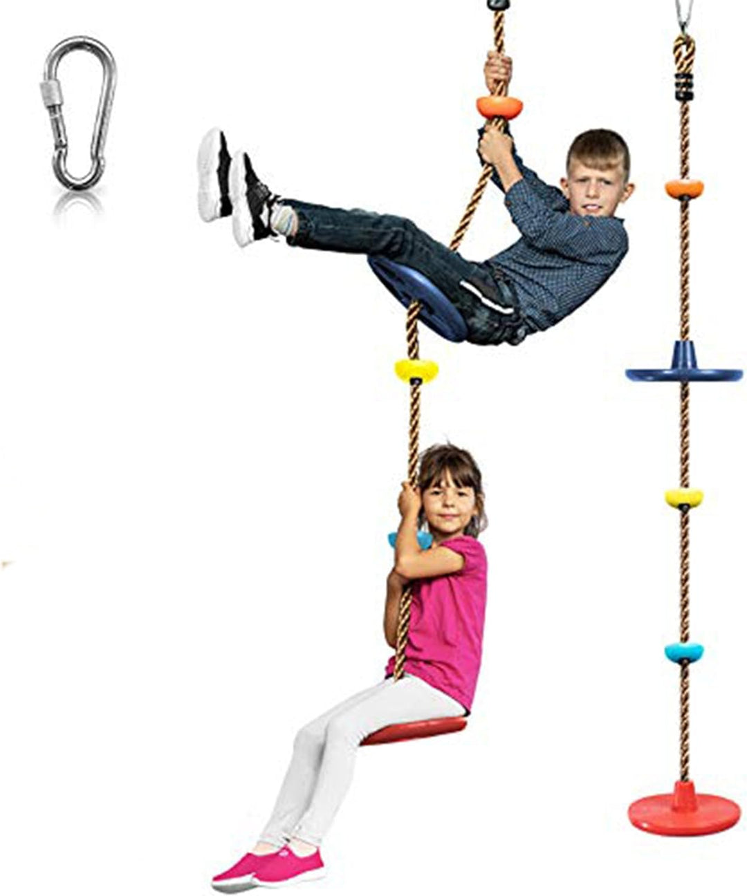 Complete children's outdoor tree swing set with climbing rope & platforms, ideal for backyard adventures.