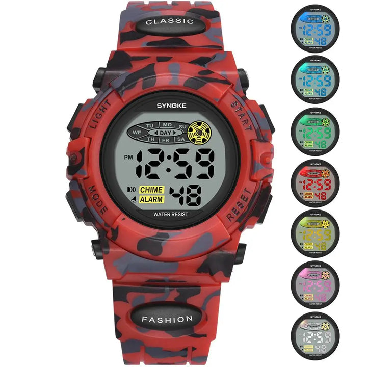 Closeup of Livano children's digital watch with LED display, black case, for active kids.