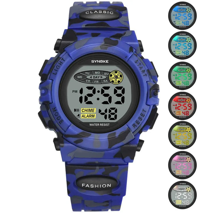 Youth waterproof digital watch with green silicone strap and clear LED display, ideal for outdoor play.