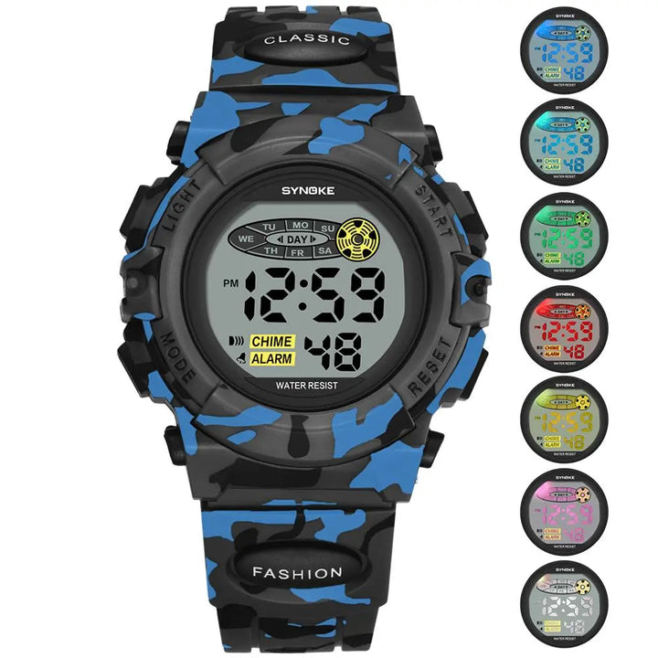 Side view of Livano children's digital watch, black silicone strap, highlighting its waterproof design and LED.
