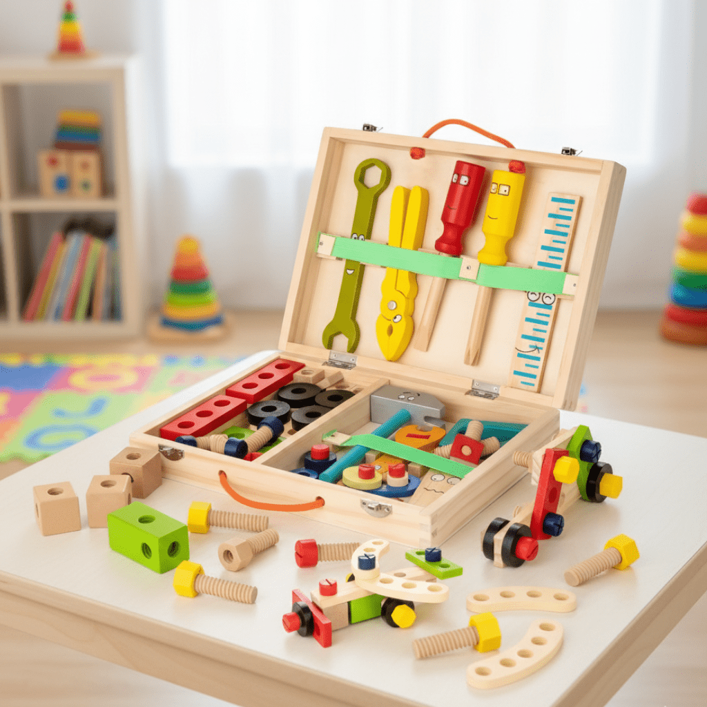 Children's Wooden Montessori Tool Kit for early learning & skill development; perfect educational toy for toddlers.
