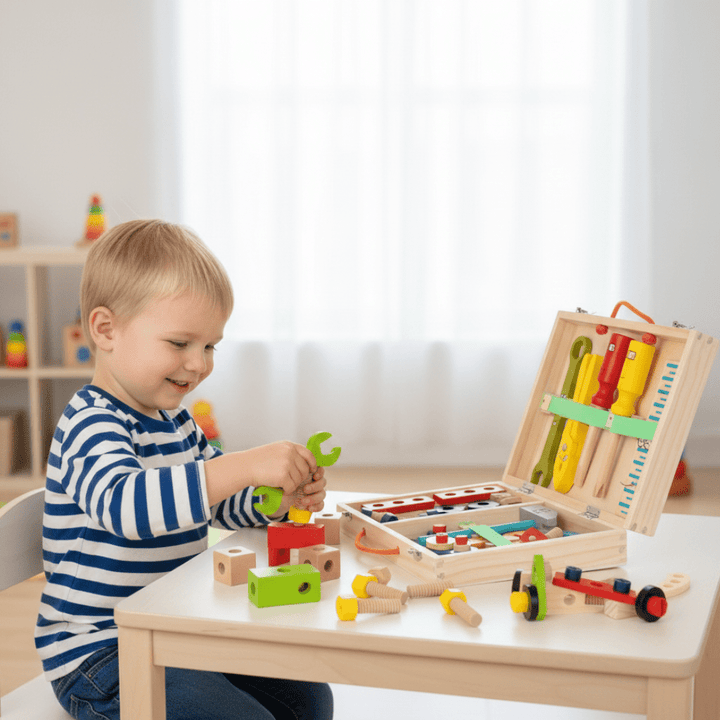 Wooden Montessori building tools for kids, promotes fine motor skills & early learning. Ideal preschool construction kit.