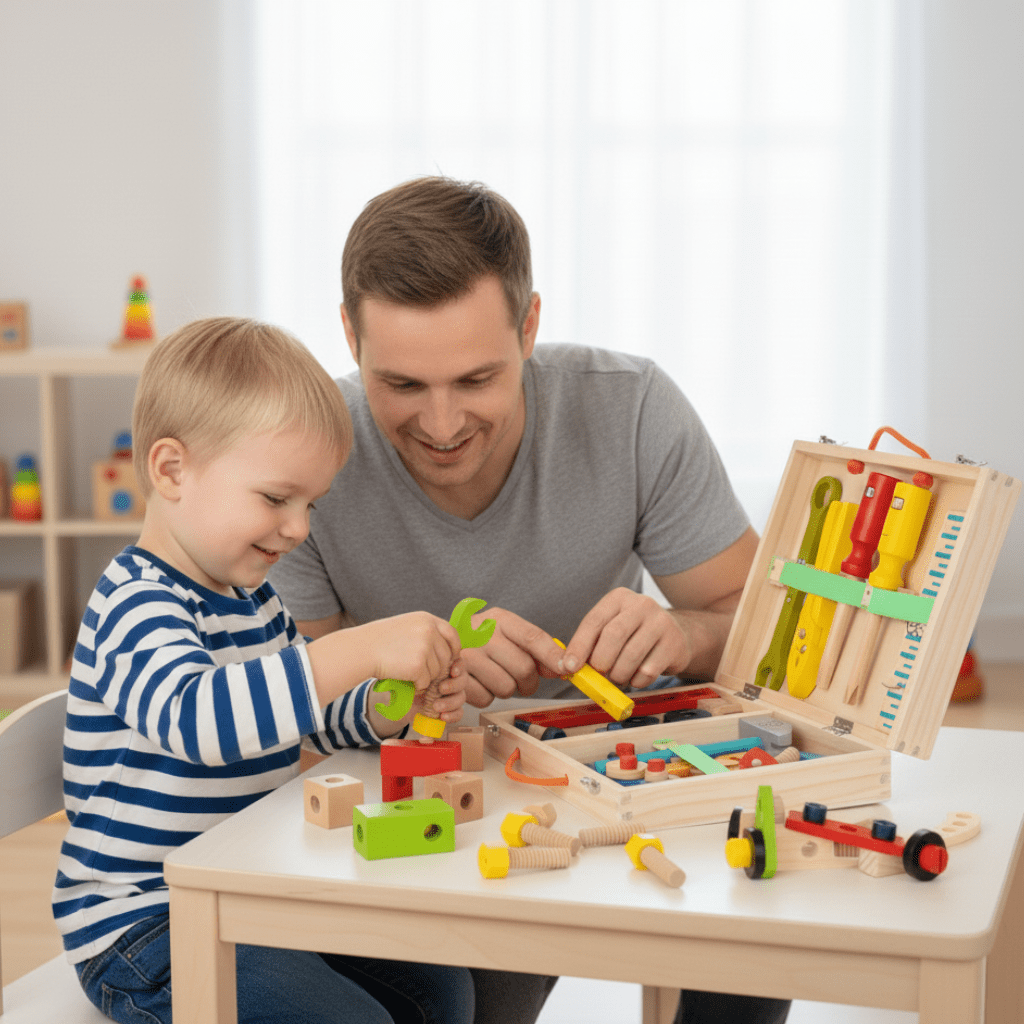 Toddler-friendly wooden tool set for building toys, enhancing problem-solving & skill development in young children.