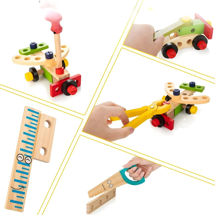 Durable wooden construction kit; kids tools for building toys, fostering early learning & fine motor skills.