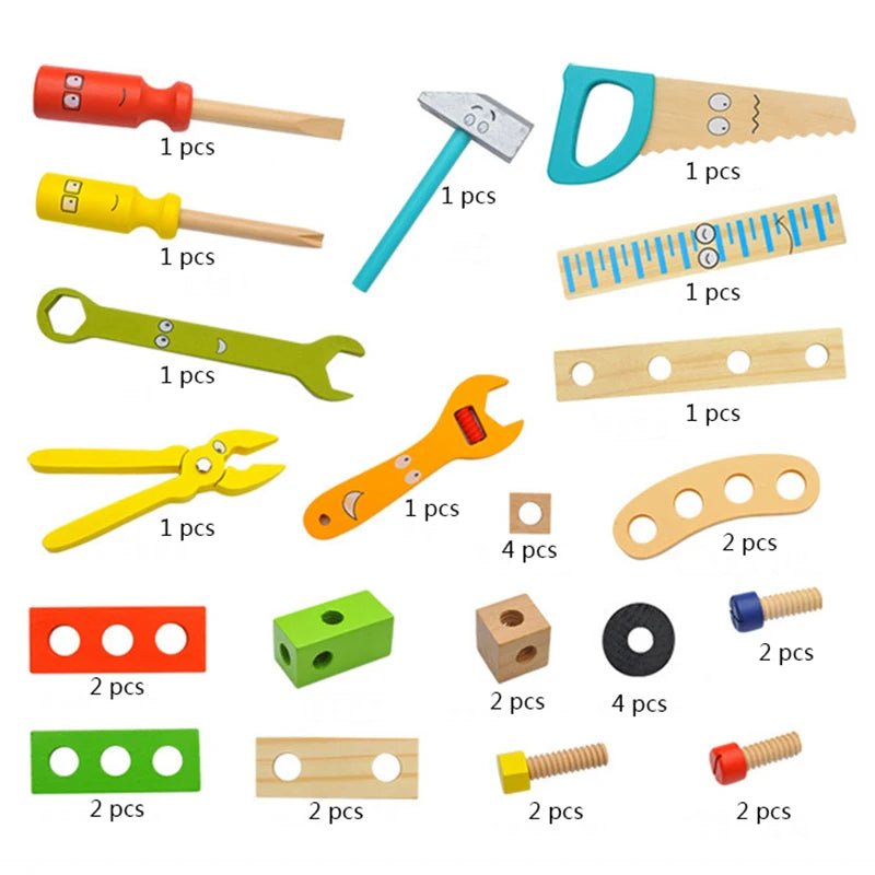Kids' wooden building toys: Montessori tool set for educational play, developing essential early learning skills.