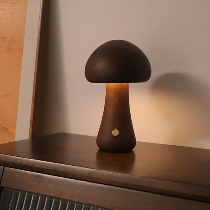 Decorative wooden mushroom LED lamp, warm glow for kids' bedroom & nursery.